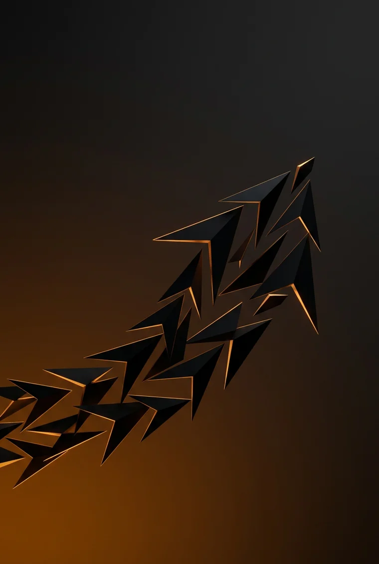 Abstract illustration of a murmuration of blackbirds sweeping upward, rendered as angular gold-rimmed shapes against an ink-black gradient
